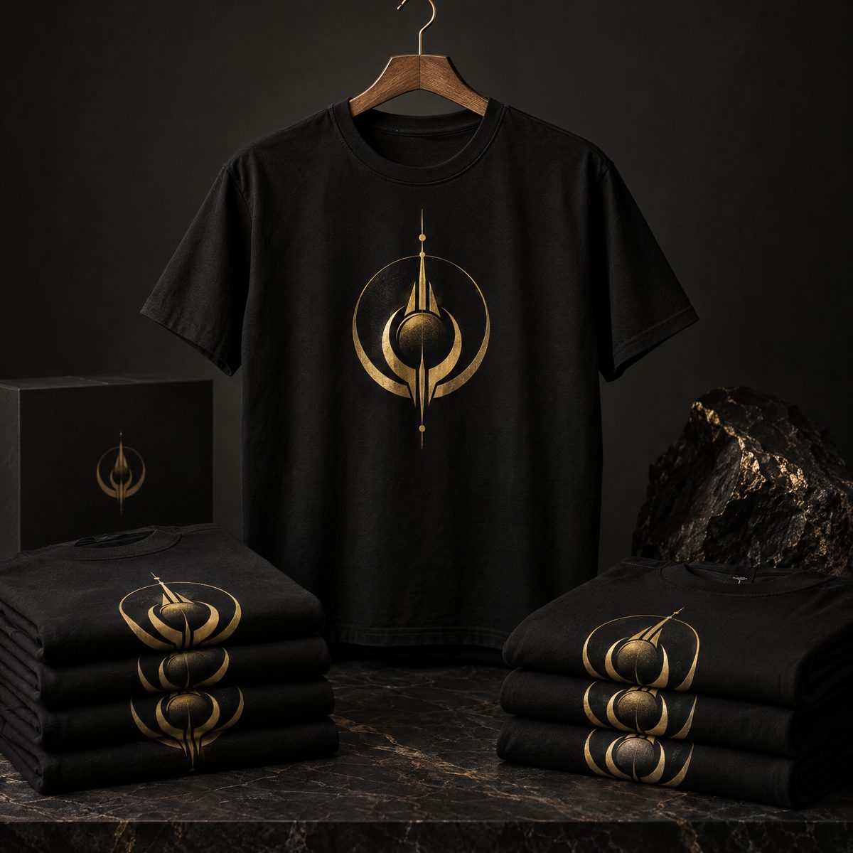 Mockup de camisetas personalizadas pretas e douradas