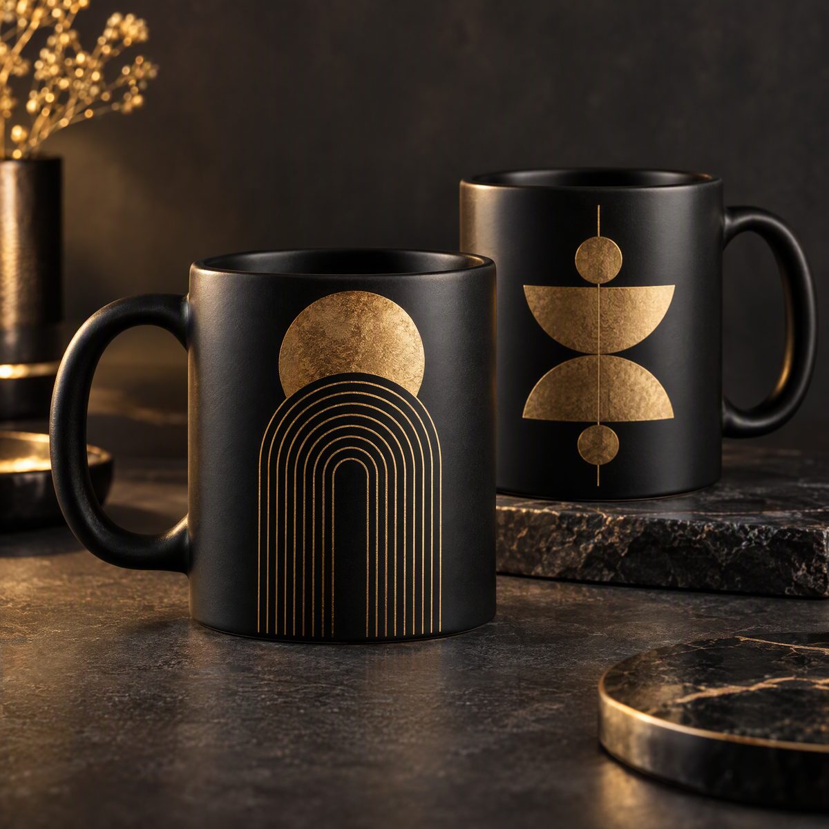 Mockup de canecas personalizadas pretas e douradas