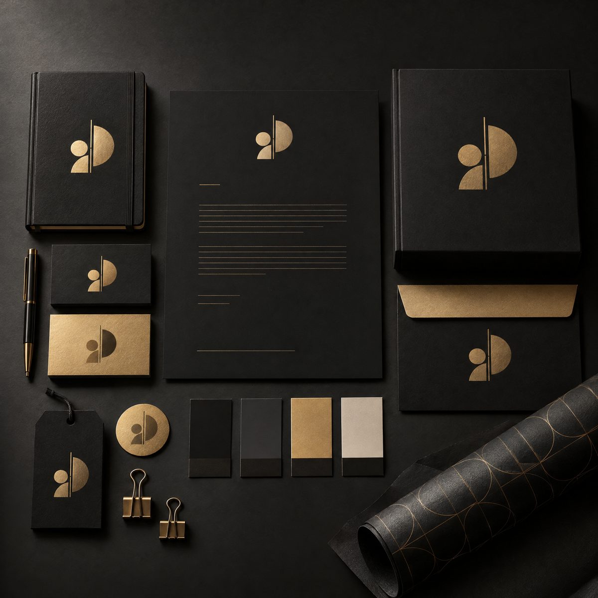 Mockup de identidade visual com papelaria preta e dourada