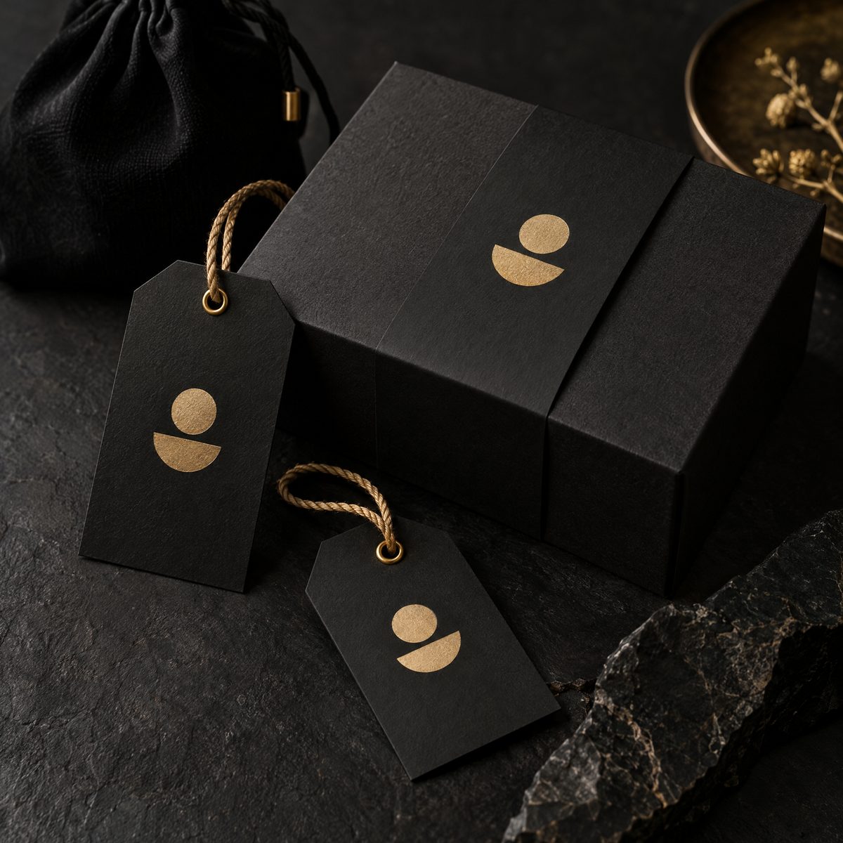 Mockup de tags personalizadas com acabamento dourado